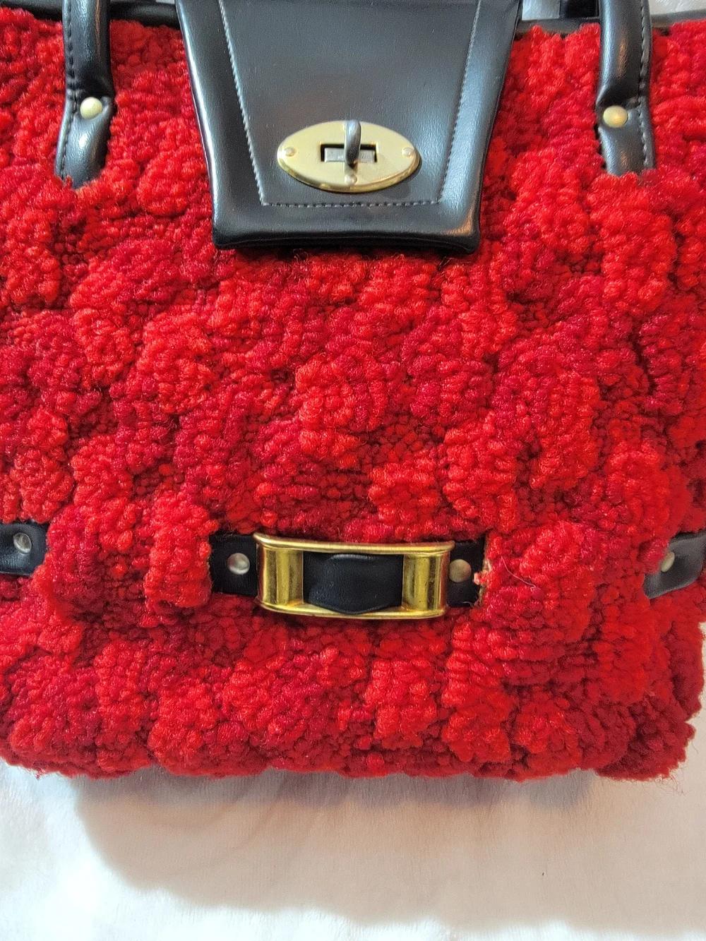 Vintage 60's Carpet Red Faux Shearling  Bag with Black Trim